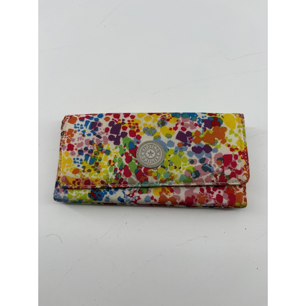 Kipling Multi Color Paint Splatter Nylon Tri Fold Wallet with ID Windows